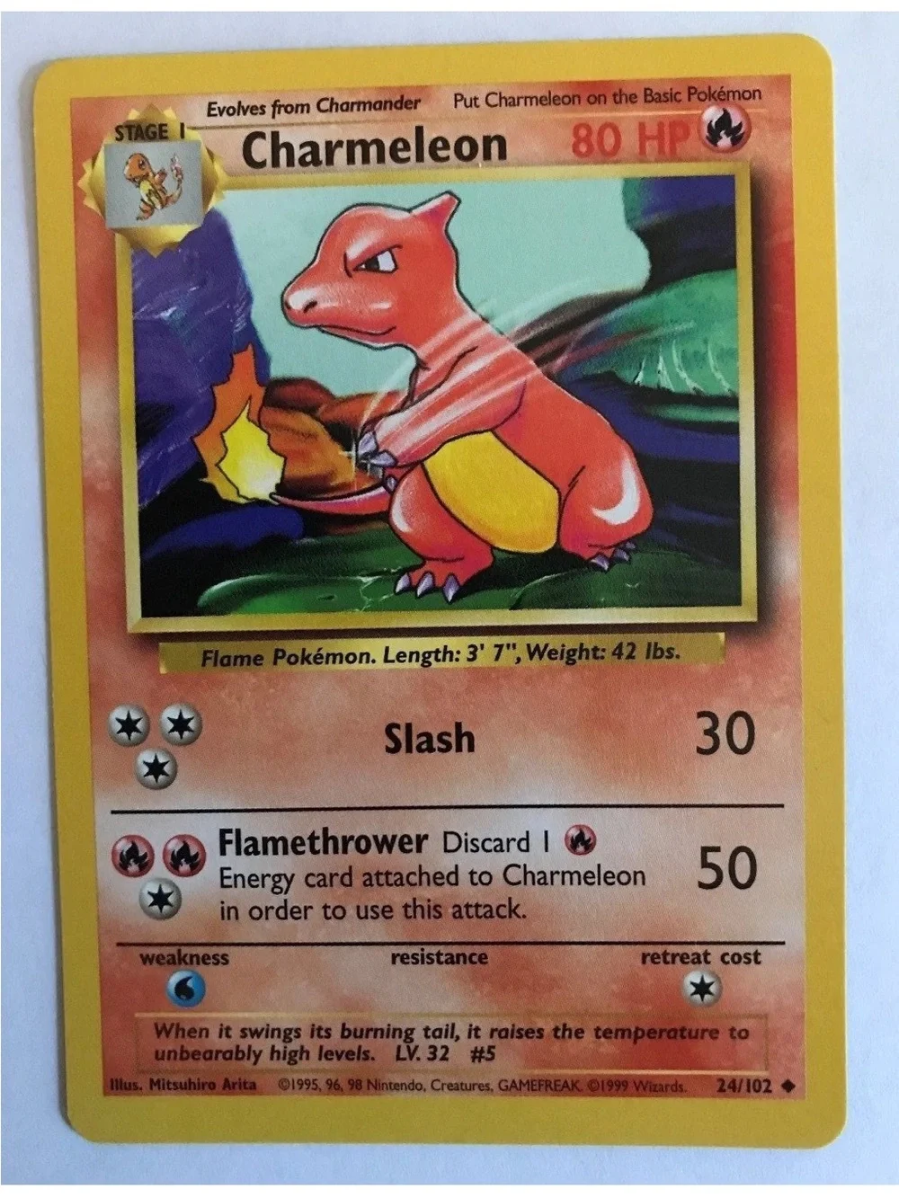 POKEMON CHARMELEON SLASH ORIGINAL RARE 1999 CARD 24/102 LEVEL 32  #5  MINT